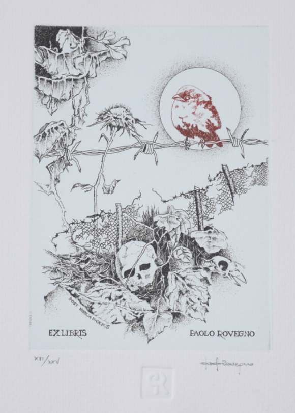 PAOLO ROVEGNOパオロ・ラヴェーニョ蔵書票「髑髏と小鳥（仮）」｜銅版画