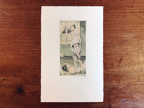 アルフォンス・イノウエ 銅版画 蔵書票『雪降る部屋で』｜ 1997年・E.A ｜ 美術・版画・EXLIBRIS