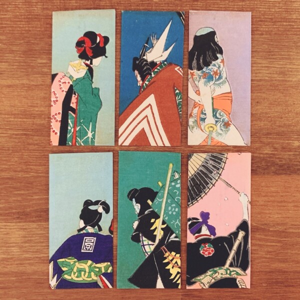戦前のポチ袋『歌舞伎・後ろ姿』6枚 | 明治大正昭和戦前・木版画・デザイン・イラストレーション・芸能